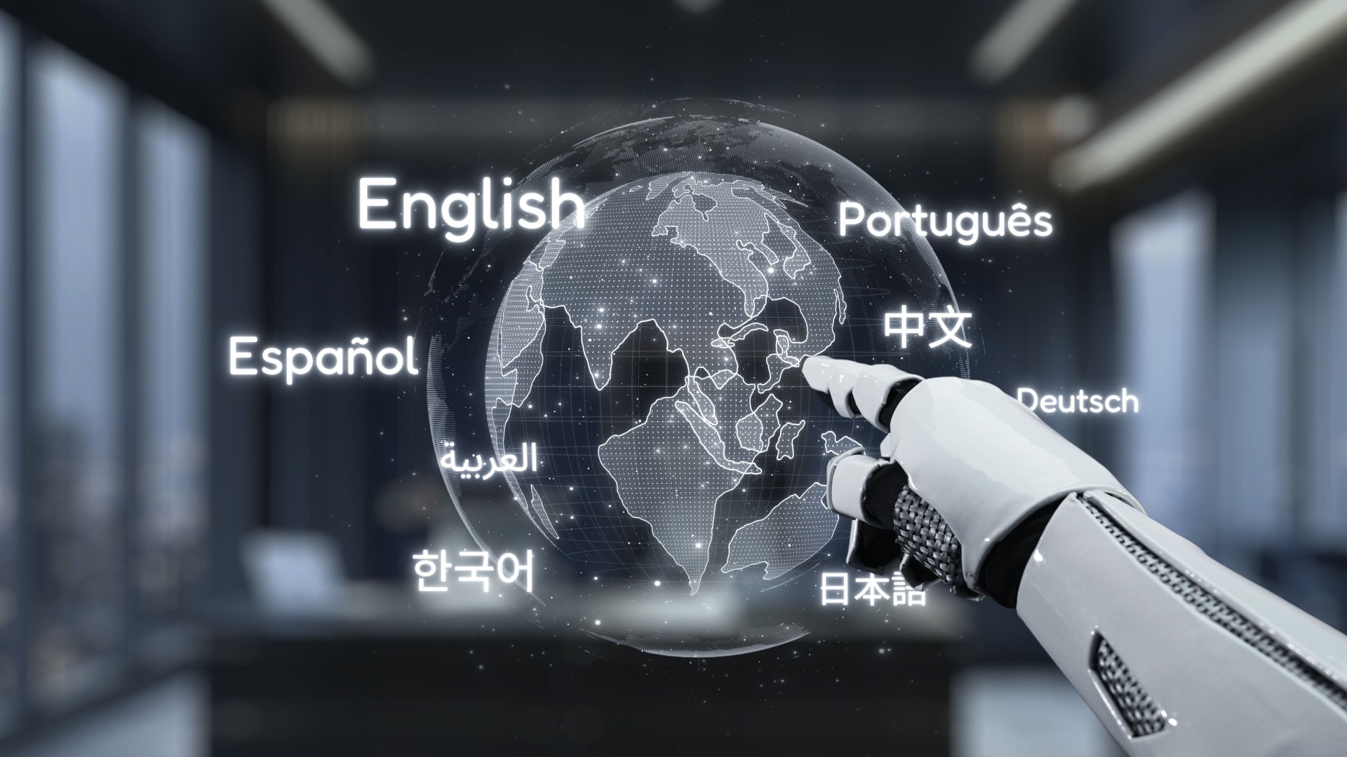 Futuristic robotic hand interacting with a global language display in an office setting showcasing various languages across a digital globe.. Auvana